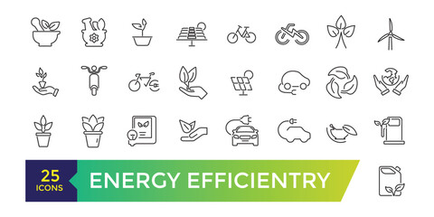 Energy efficiency icon set. energy-saving light bulb, solar panel, circular economy, battery, home insulation. Editable stroke illustration. Vector ui and web icon.