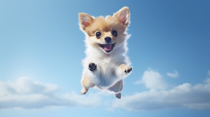 Cute spitz dog jumping up over blue sky background