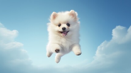 Cute spitz dog jumping up over blue sky background
