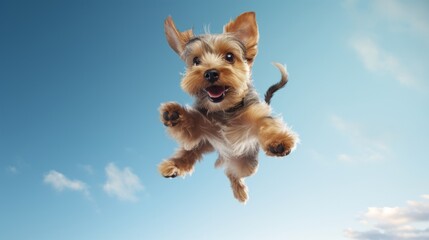 Cute terrier dog jumping up over blue sky background
