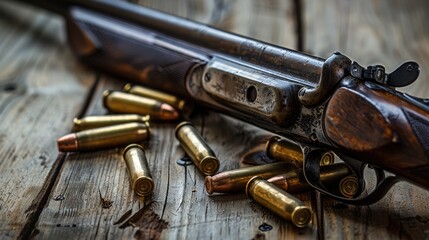 Vintage rifle and old cartridges in close up on wooden background