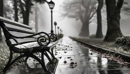 The image shows a park bench in black and white on a rainy day