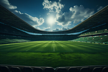 a stadium with a blue sky and a white cloud in the background