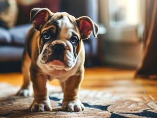Young bulldog puppy standing at home