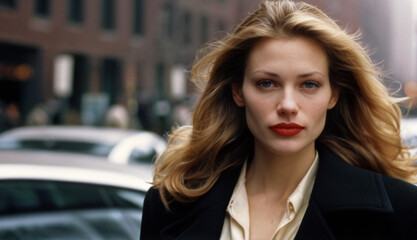 Obraz premium Portrait of the beautiful young woman on the street, early 2000s era fashion style, clean lines, neutral colors, and simple silhouettes.