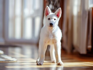 Young white german shepherd puppy standing at home