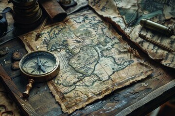 Aged compass lies on a weathered world map, surrounded by exploration and navigational tools