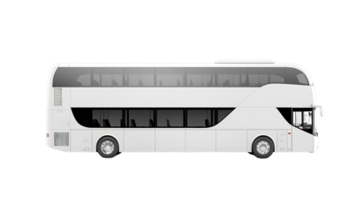 Side view of modern double-decker bus on transparent background