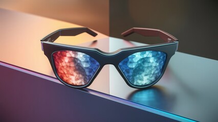  3D render of a pair of sunglasses with mirrored lenses, perched on the edge of an invisible surface. The shades are designed with a futuristic, angular frame
