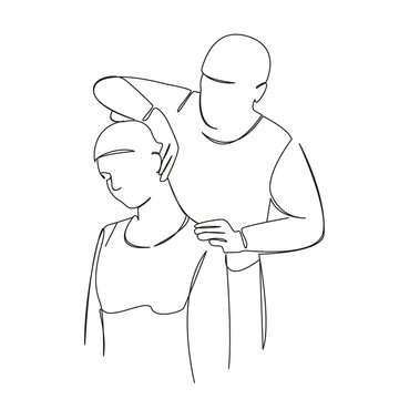 chiropractor adjusting patient neck in line art clip art preview