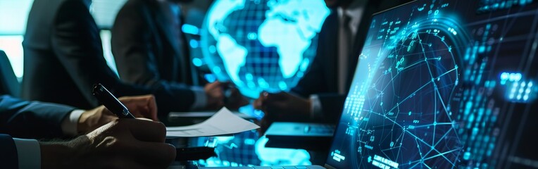 digital map on the laptop screen. The focus is on highlighting details like data points glowing from different parts of world map, representing global network or connectivity concept.