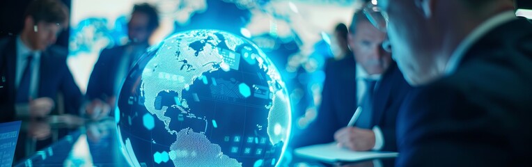 digital map on the laptop screen. The focus is on highlighting details like data points glowing from different parts of world map, representing global network or connectivity concept.