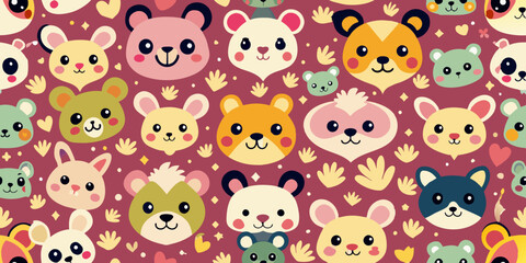 Cute cartoon animal faces pattern. Various animal faces, including bears, cats, rabbits, and other creatures, are arranged on a maroon background with star and paw print accents