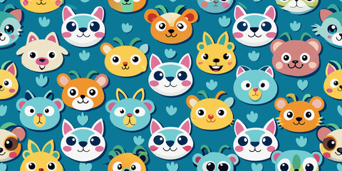 Cute cartoon animal faces pattern. Various animal faces, including bears, cats, rabbits, and other creatures, are arranged on a maroon background with star and paw print accents