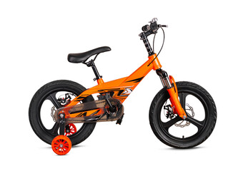 Orange children's bicycle isolated on white background