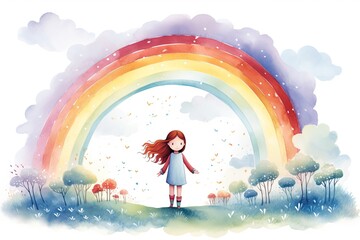 happy child stand under colorful rainbow illustration