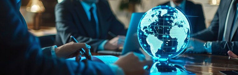 digital map on the laptop screen. The focus is on highlighting details like data points glowing from different parts of world map, representing global network or connectivity concept.