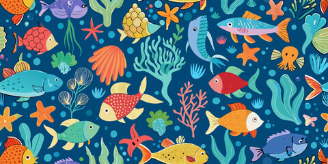 Colorful underwater scene featuring various cartoon fish, seaweed, corals, starfish, and other marine life on a dark blue background. The fish and sea creatures are in bright, vibrant colors
