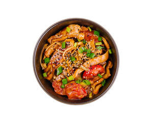 Delicious stir-fried chicken with vegetables in bowl