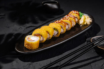 Exquisite mango sushi roll on elegant plate