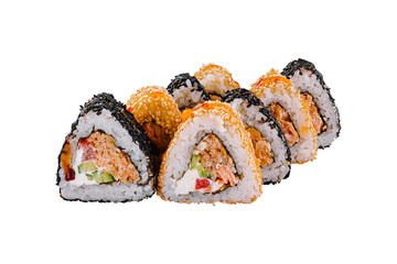 Assorted fresh sushi rolls on white background