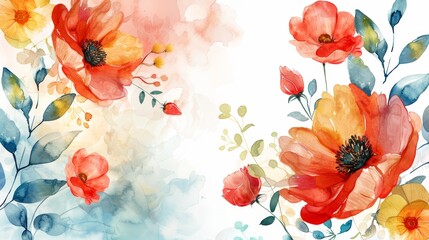 Beautiful watercolor floral painting with vibrant red and orange flowers, perfect for spring and summer designs, invitations, or backgrounds.