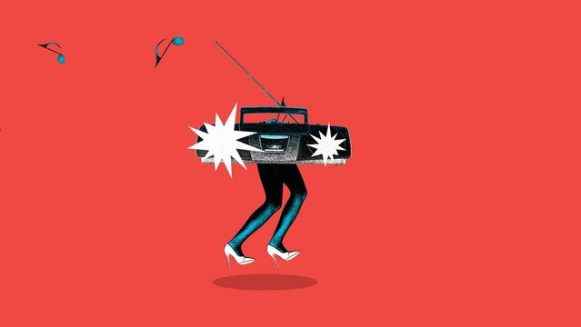 Female legs on heels with boombox on body dancing against red background. Grainy effect. Contemporary art. Stop motion, animation. Concept of retro and vintage, music, party, creativity. Poster, ad