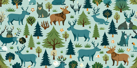 A seamless pattern featuring illustrations of woodland animals including deer, bears, and rabbits against a light blue background. The scene is interspersed with green trees,