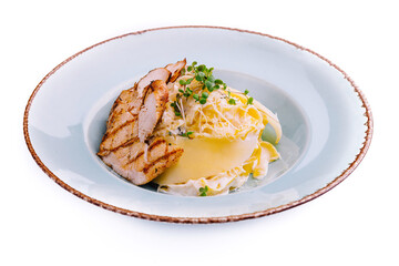 Elegant grilled chicken breast with cheese and cream sauce