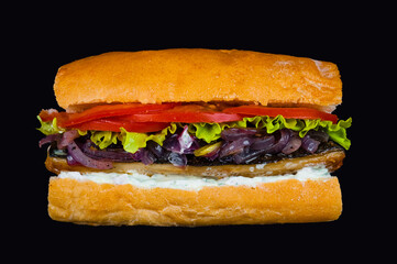 Fresh gourmet deli sandwich on black background