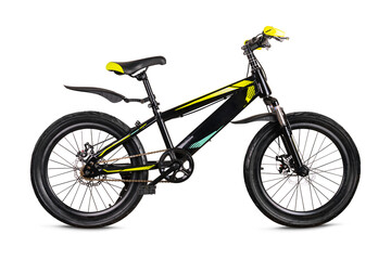 Modern black and yellow mountain bike isolated on white