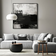 In this modern living room, sleek sophistication meets comfort with a plush sofa as its centerpiece. The room is bathed in natural light streaming through expansive windows