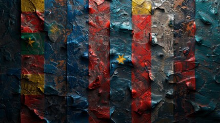 Abstract textured painting featuring flags of multiple countries with vibrant colors and a rugged, distressed surface effect.