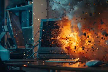 Dramatic image capturing the moment of a computer explosion on a desk with debris