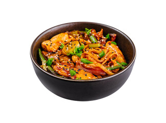 Spicy chicken stir fry in bowl