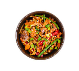 Delicious stir-fried beef and vegetable dish isolated on white