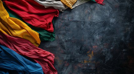 Colorful fabrics in various shades arranged on a dark background. Ideal for design, fashion, and textile projects. Vivid and vibrant colors.