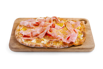 Fresh mortadella flatbread on wooden board