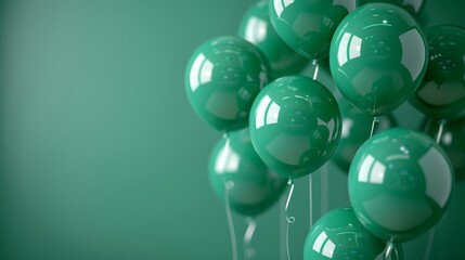 Bunch of green balloons against a matching green background, creating a festive and joyful atmosphere, perfect for celebrations or parties.