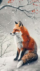 Fototapeta premium A kitsune fox sitting in the snow with bare branches in the background in a Japanese winter landscape