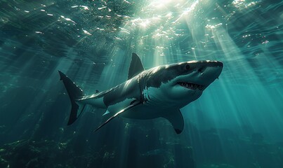 Naklejka premium Large great white shark swimming underwater in ocean.
