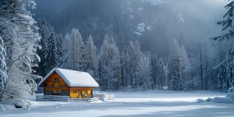 Wooden house and trees in snowy forest