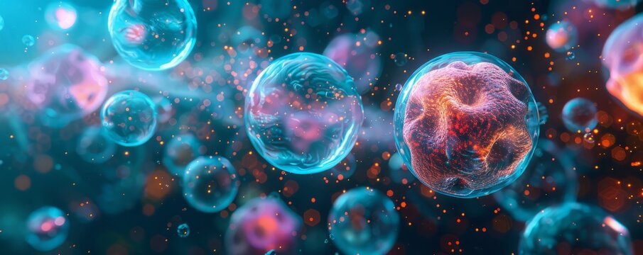 Generative AI illustration of abstract colorful stem cell under microscope view in laboratory