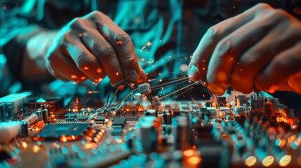 Close-up of hands working on electronic circuit board with tools and colorful lights, illustrating technology and innovation in electronics.