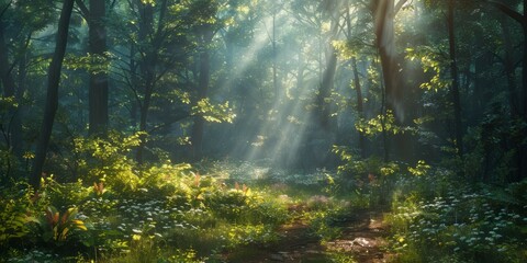 Sunlight filtering through a dense woodland trail