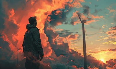 Fototapeta premium man on top of a wind turbine