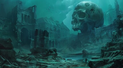 The photo shows the ruins of an ancient city that has been submerged underwater. A large skull is in the foreground.