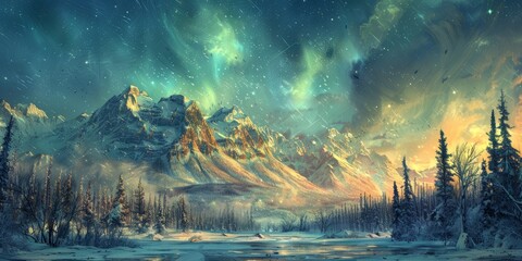 Amazing view of northern lights over snowy mountains and trees in sky