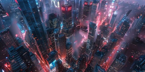 Obraz premium Aerial view of dense urban cityscape at night