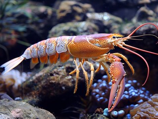 A large crab is swimming in the water. The crab is orange and white in color